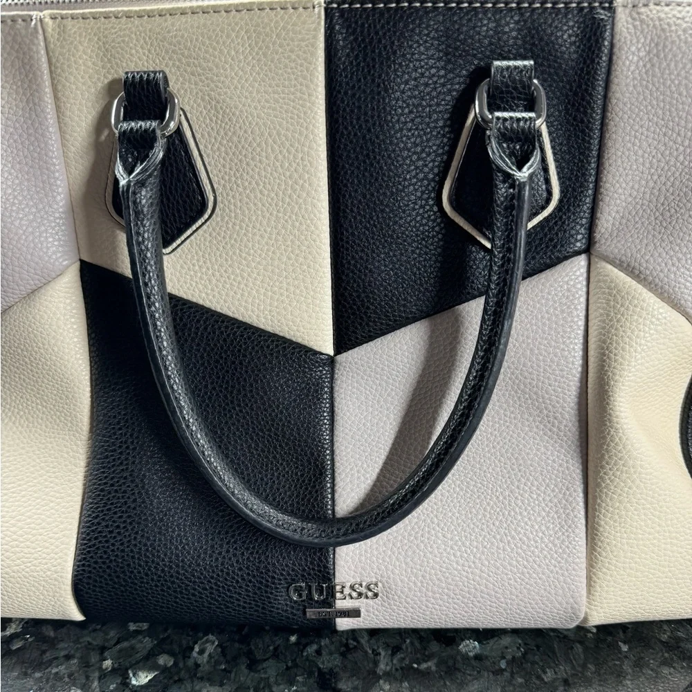 Guess Purse Cream Black Gray Large Size PU Material